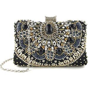 Satin Crystal Evening Handbag with Triple Diamond Closure & Multi-Function Strap